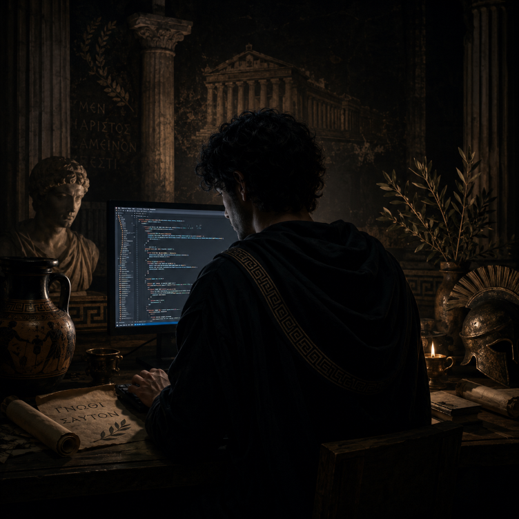 Aluca Sol portrait avatar - a programmer sits in Ancient Greece.