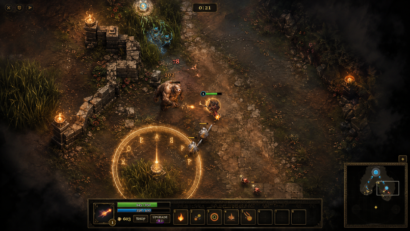 Concept artwork of a marble ruin battlefield at dusk, showing a glowing capture-point rune circle and champions clashing near a labyrinth camp